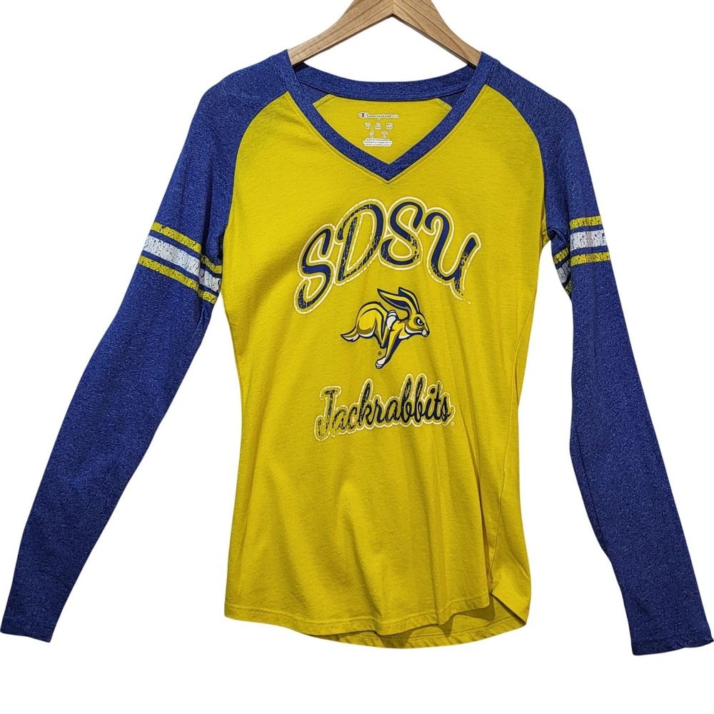 Champion Elite SDSU Jackrabbits Yellow Blue Raglan V-Neck Long Sleeve Tee Mens M